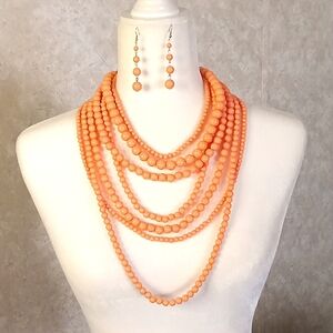 Peach Multi Strand Beaded layered Necklace Set